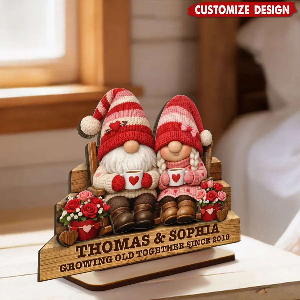 Growing Old Together Personalized Wooden Plaque for Couples - Custom Gnome Anniversary Gift