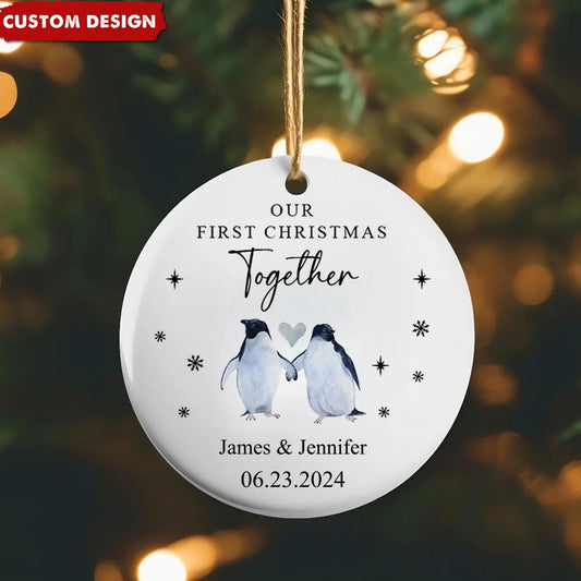 Our First Christmas Engaged Personalized Ceramic Ornament - Custom Penguin Keepsake for Couples