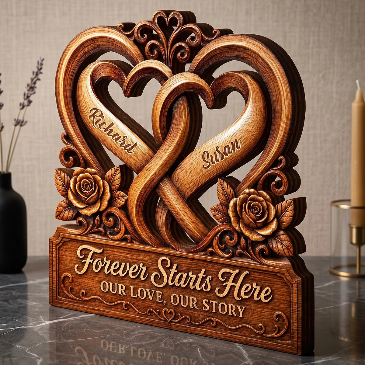 "Forever Starts Here" Personalized Interlocking Hearts Wooden Block - Anniversary Gift for Couples