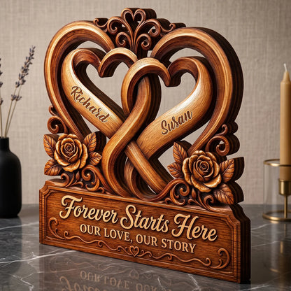 "Forever Starts Here" Personalized Interlocking Hearts Wooden Block - Anniversary Gift for Couples
