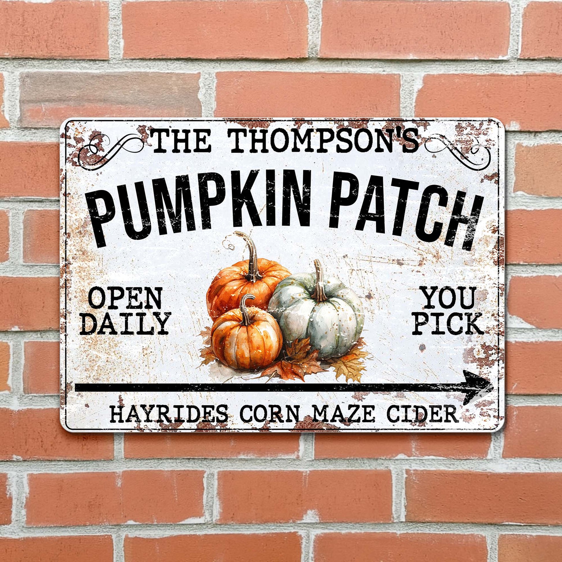 Personalized fall pumpkin patch metal sign with custom family name print for home seasonal decor image 6