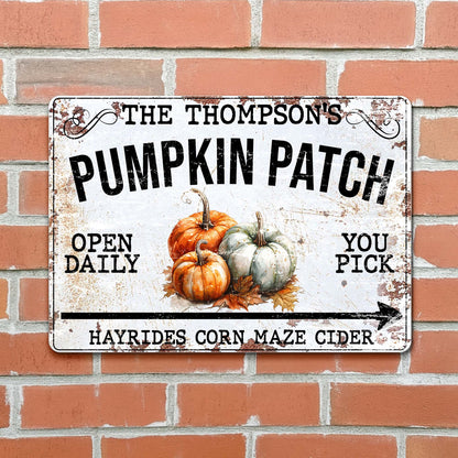 Personalized fall pumpkin patch metal sign with custom family name print for home seasonal decor image 6