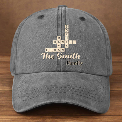 Family Crossword Names Personalized Washed Denim Cap - Reunion Keepsake for Dad & Mom