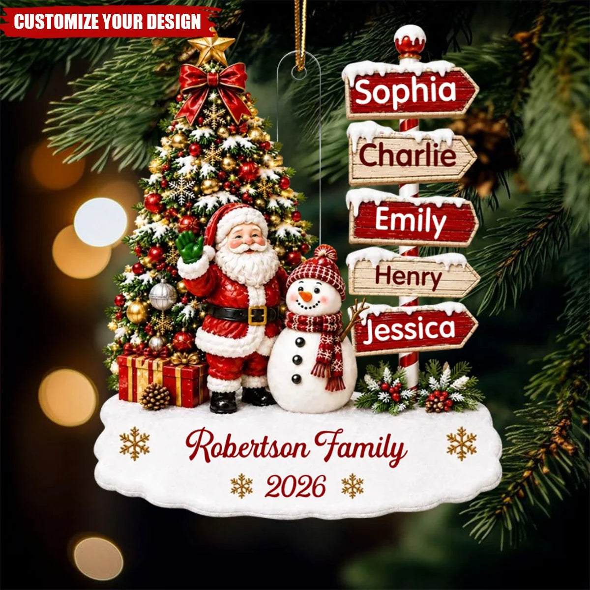 Festive Santa Snowman Sign Posts Personalized Acrylic Ornament - Custom Christmas Keepsake for Family