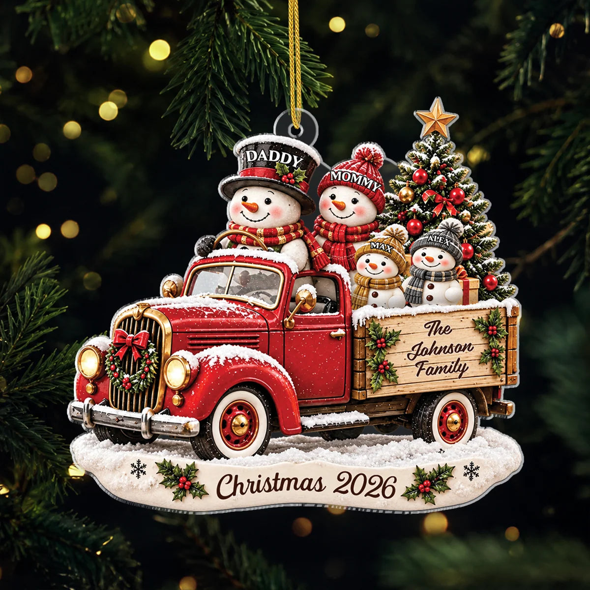 Snowman Family Red Truck Personalized Acrylic Ornament - Christmas Keepsake for Family