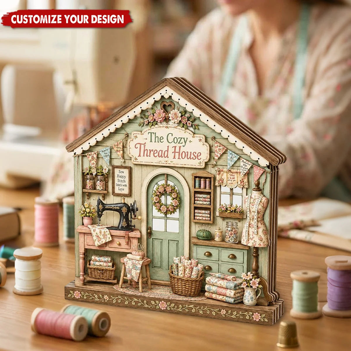 The Cozy Thread House Personalized Wooden Sewing Block - Craft Room Shelf Sitter Gift for Mom
