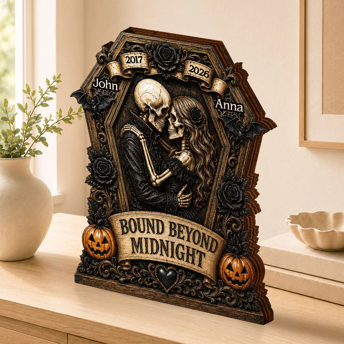 Bound Beyond Midnight Skeleton Couple Personalized Wooden Block - Custom Gothic Halloween Wedding Anniversary Gift