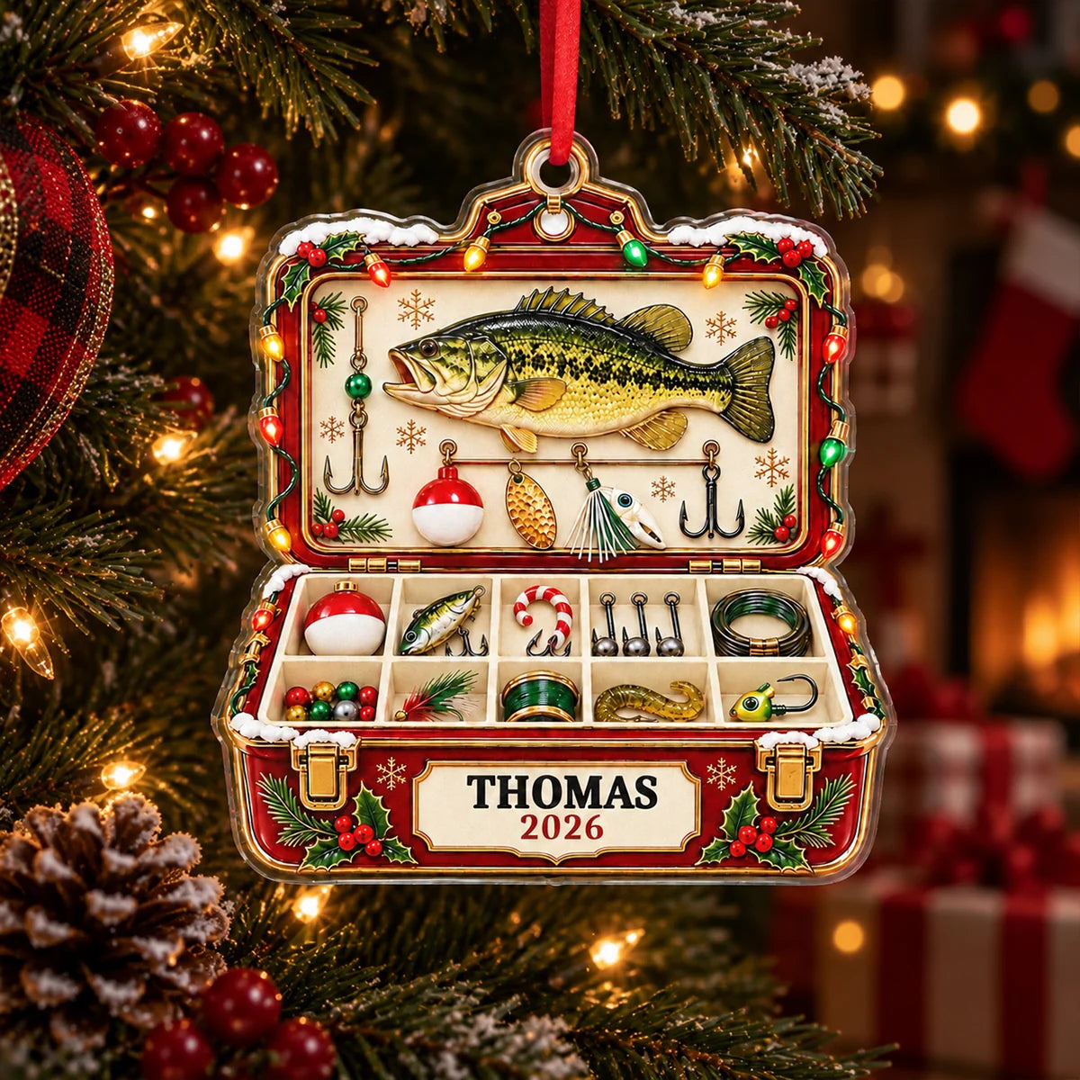 Tackle Box Keepsake Personalized Fishing Acrylic Ornament - Custom Gift for Dad Husband Grandpa