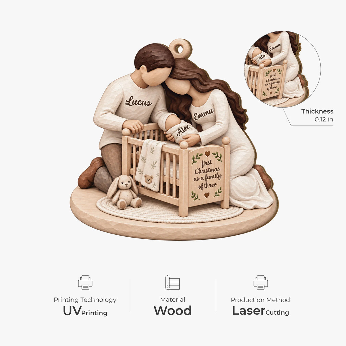 First Christmas as a Family of Three - Personalized Wooden Ornament for New Parents