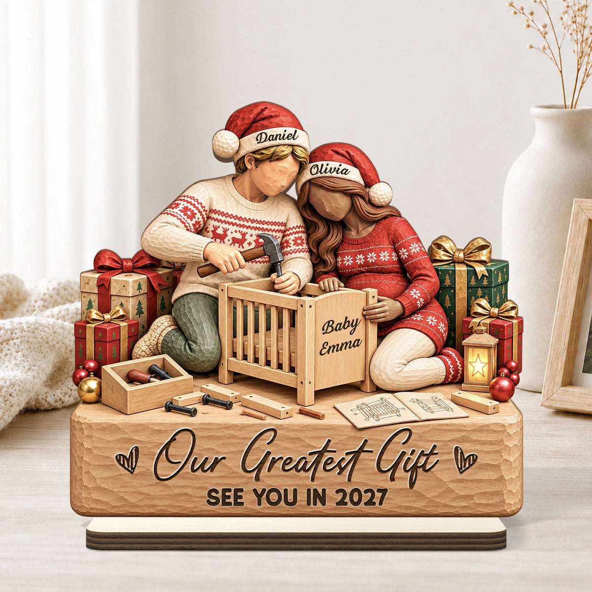 "Our Greatest Gift" Personalized Wooden Plaque for Expecting Couples - Custom Christmas Baby Announcement Keepsake