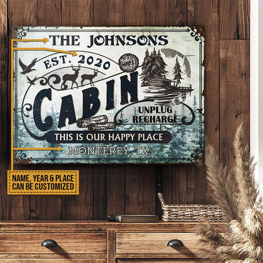 This Is Our Happy Place Personalized Cabin Metal Sign - Custom Family Name Wall Decor