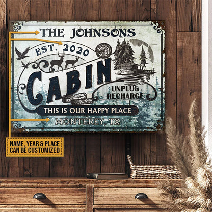 This Is Our Happy Place Personalized Cabin Metal Sign - Custom Family Name Wall Decor