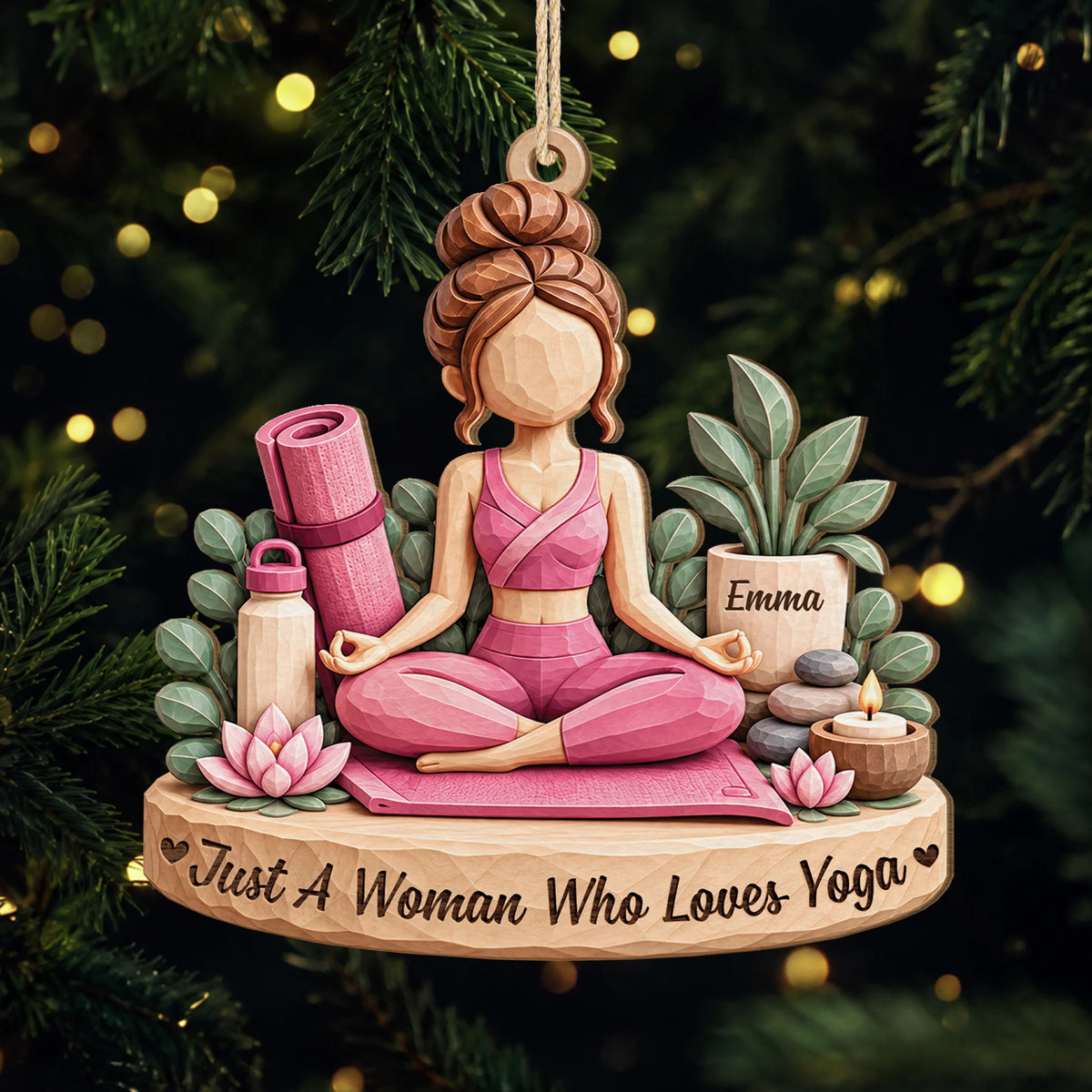 Just A Woman Who Loves Yoga Personalized Wooden Ornament - Custom Meditation Christmas Keepsake for Yogis