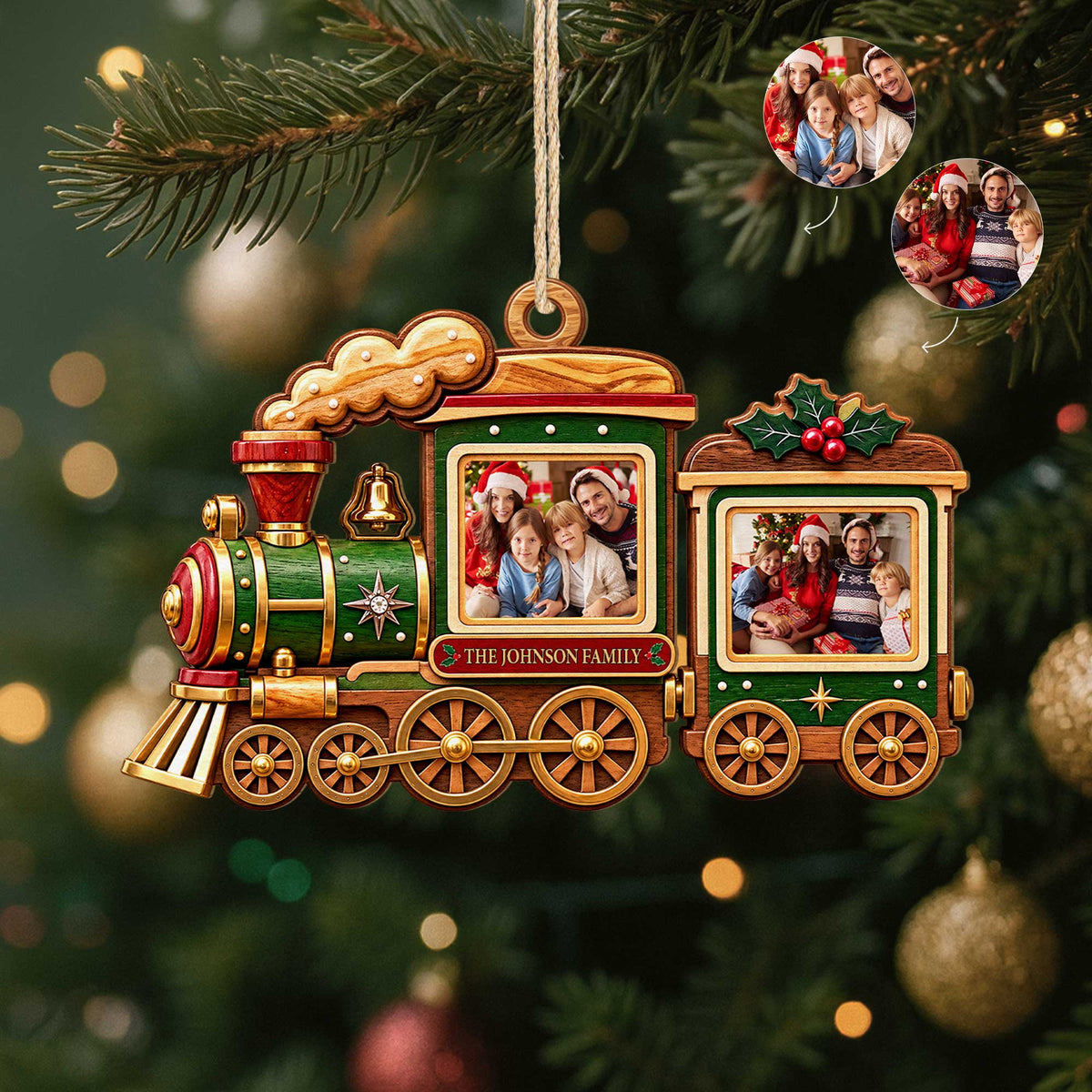 Custom Photo Christmas Train Ornament - Personalized Family Name Holiday Keepsake