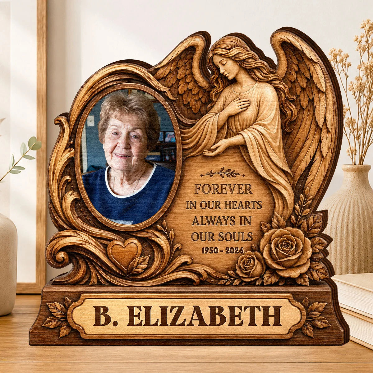 Forever In Our Hearts Personalized Memorial Wooden Block - Custom Angel Photo Gift for Family