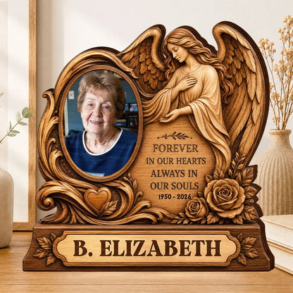 Forever In Our Hearts Personalized Memorial Wooden Block - Custom Angel Photo Gift for Family