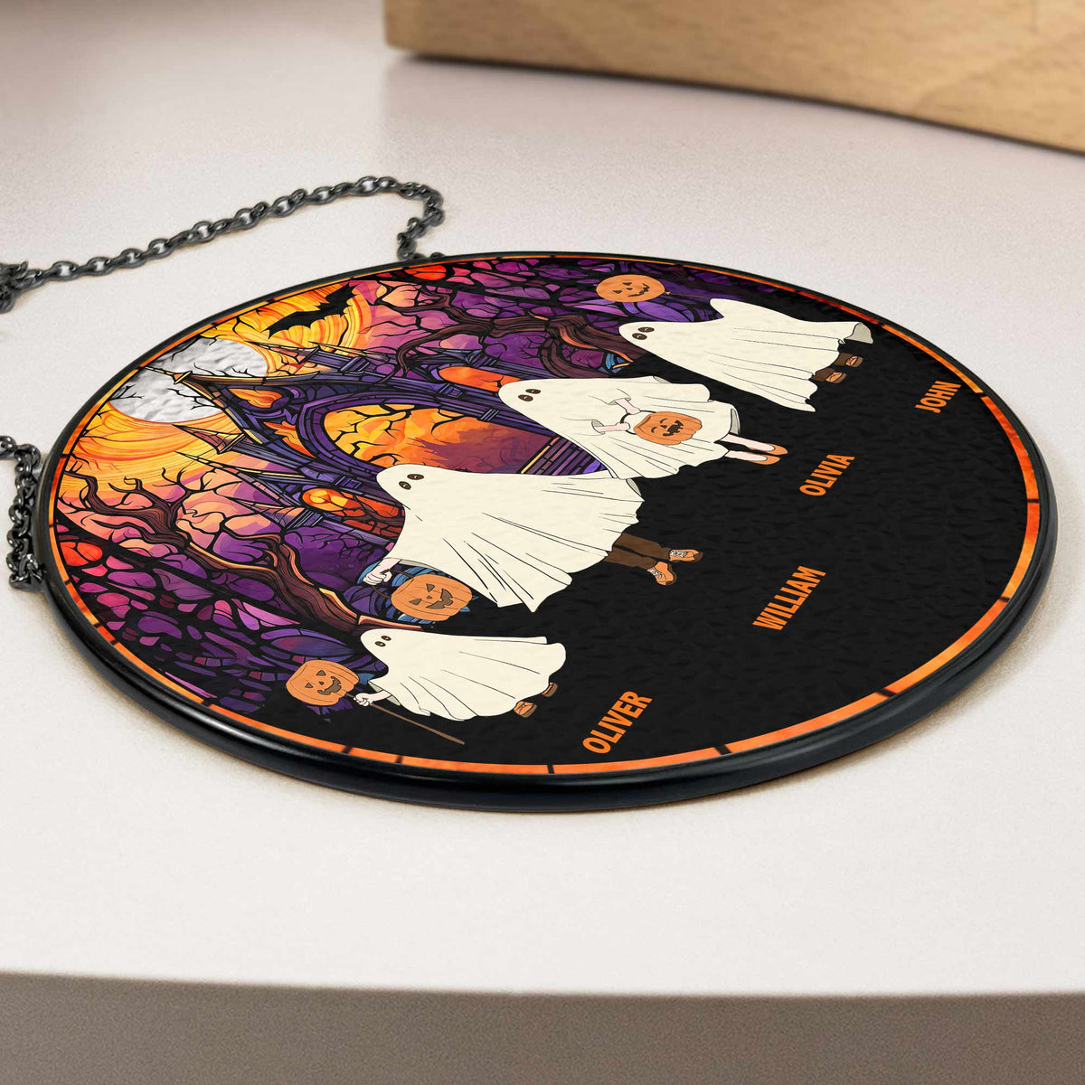 Ghost Family Personalized Suncatcher - Custom Stained Glass Window Hanging for Family Halloween Decor