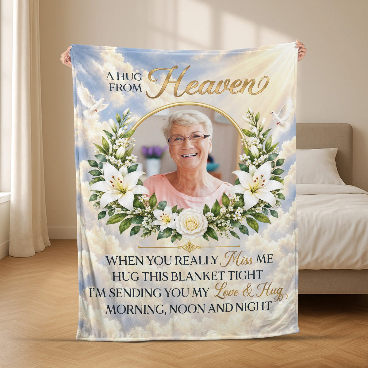 "A Hug From Heaven" Personalized Photo Memorial Blanket - Custom Sympathy Keepsake Gift