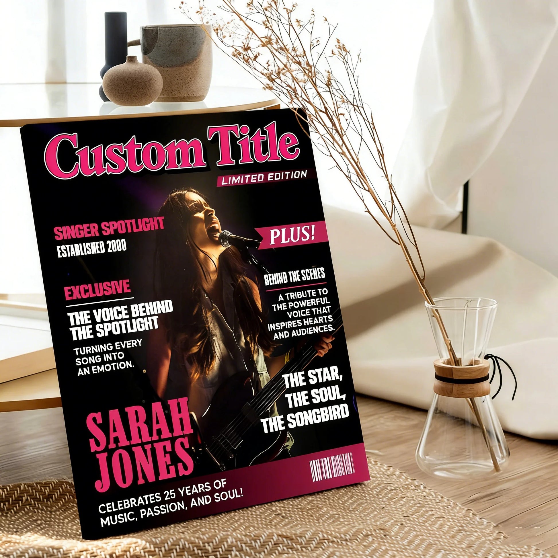 Personalized singer magazine cover poster canvas print on a living room wall featuring custom pop star layout style art image 8