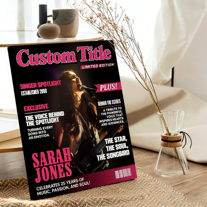 Personalized singer magazine cover poster canvas print on a living room wall featuring custom pop star layout style art image 8
