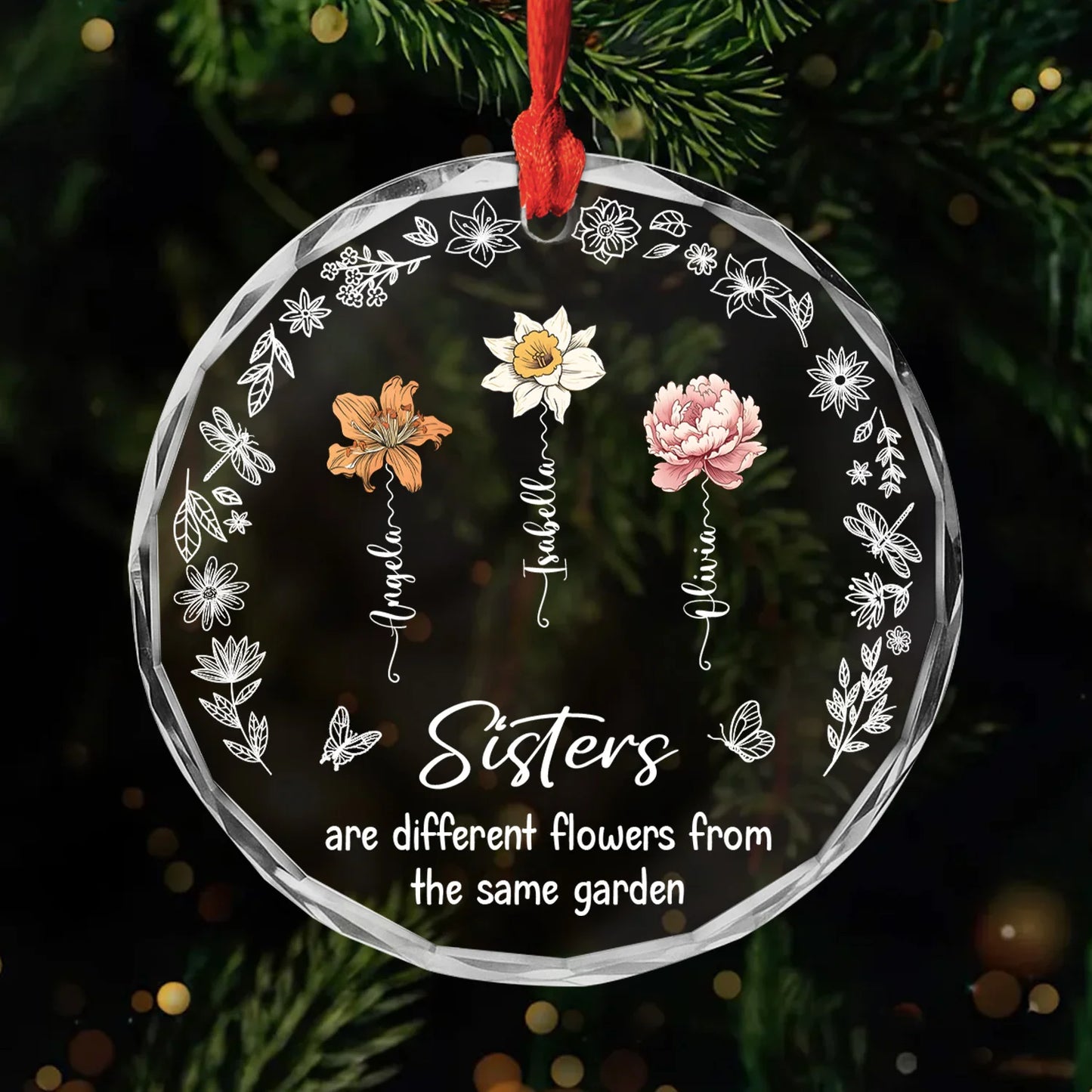 "Sisters Are Different Flowers" Personalized Glass Ornament - Custom Birth Month Flower Gift for Sister