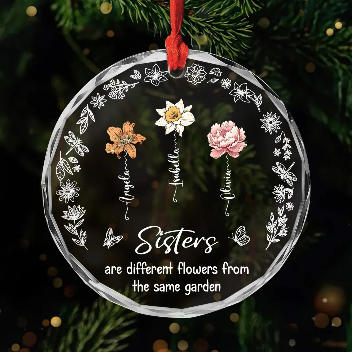 "Sisters Are Different Flowers" Personalized Glass Ornament - Custom Birth Month Flower Gift for Sister