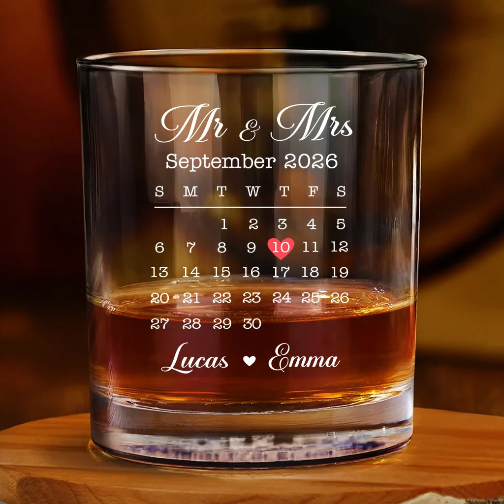 Mr & Mrs Custom Calendar Date Personalized Wedding Whiskey Glass - Anniversary Gift for Couples