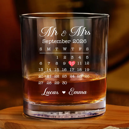 Mr & Mrs Custom Calendar Date Personalized Wedding Whiskey Glass - Anniversary Gift for Couples