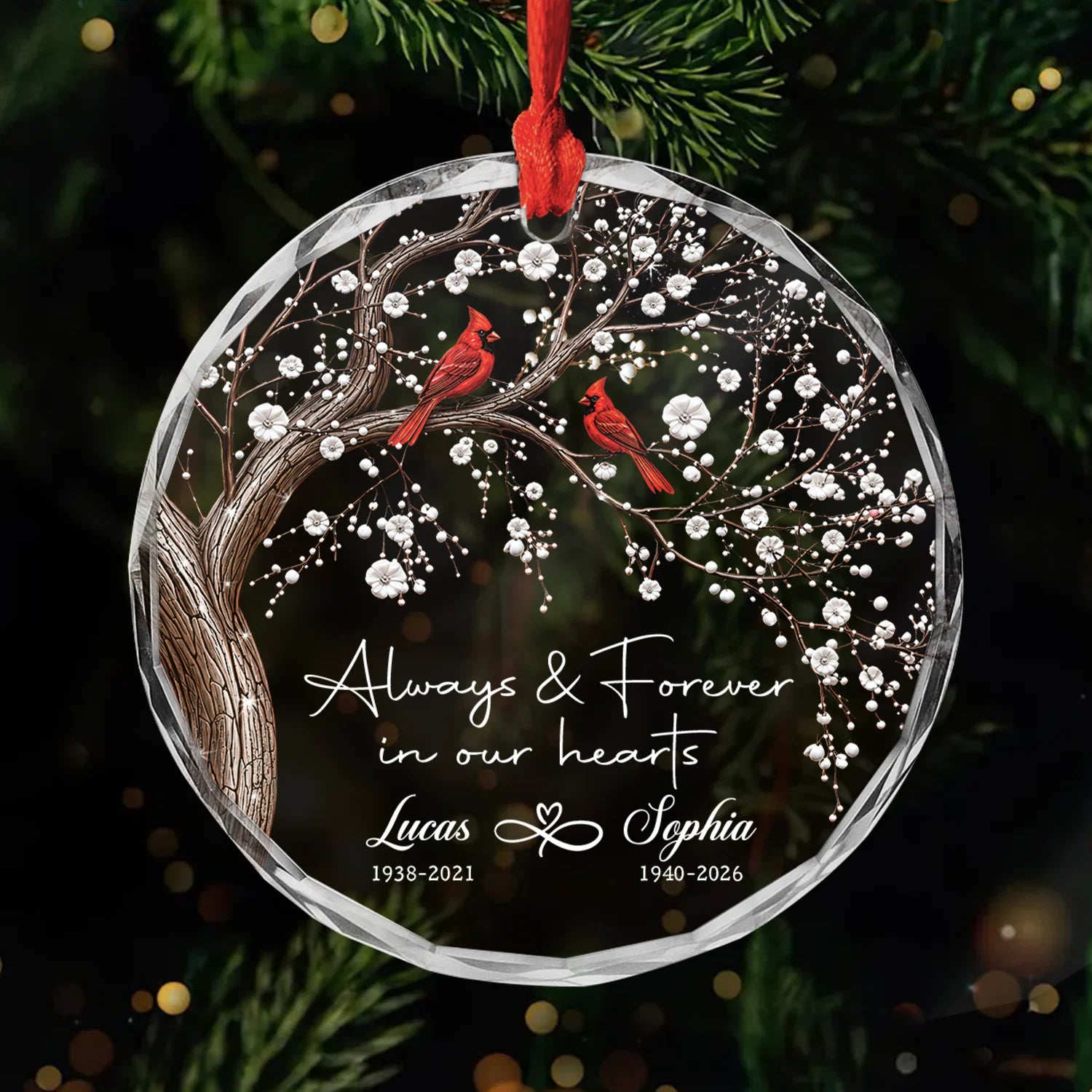 Always Forever In Our Hearts Custom Glass Ornament - Memorial Keepsake Gift for Family