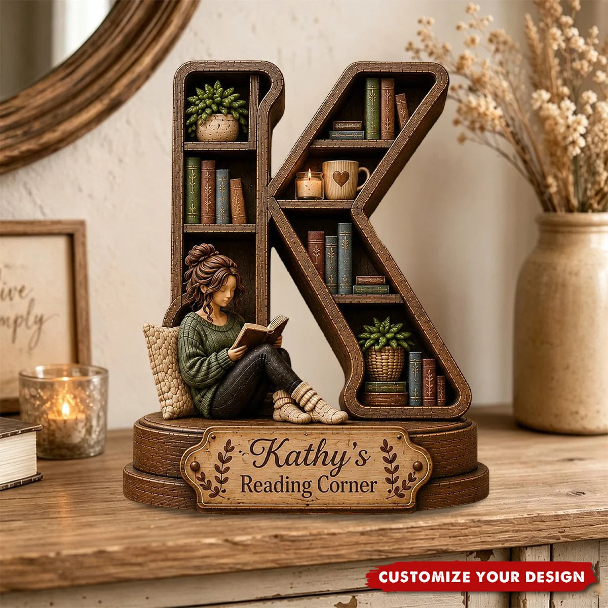 Reading Corner Personalized Wooden Block - Custom Initial Book Lover Gift for Bookshelf