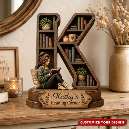 Reading Corner Personalized Wooden Block - Custom Initial Book Lover Gift for Bookshelf