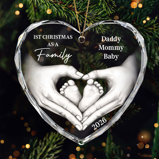 1st Christmas As A Family Personalized Heart Glass Ornament - Custom New Baby Keepsake