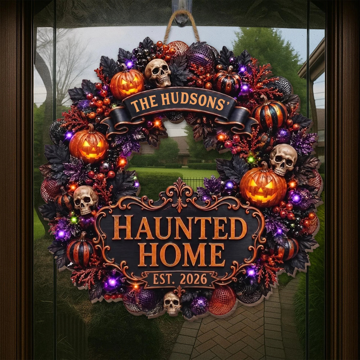 Haunted Home Personalized Halloween Wood Sign - Custom Wreath Decor for Family Front Porch