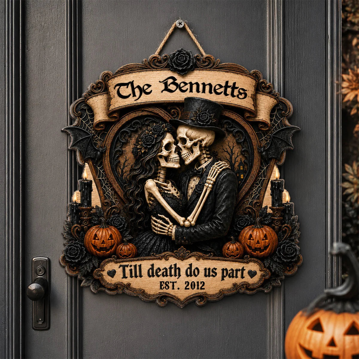 Till Death Do Us Part Skeleton Couple Personalized Wood Sign - Gothic Halloween Decor for Couples