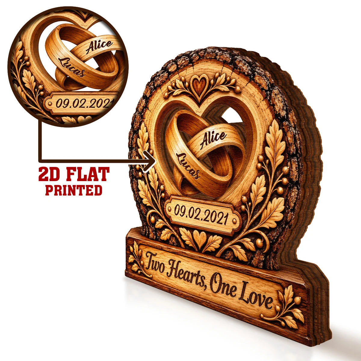 Two Hearts One Love Rings Personalized Wooden Block - Anniversary Gift for Couples