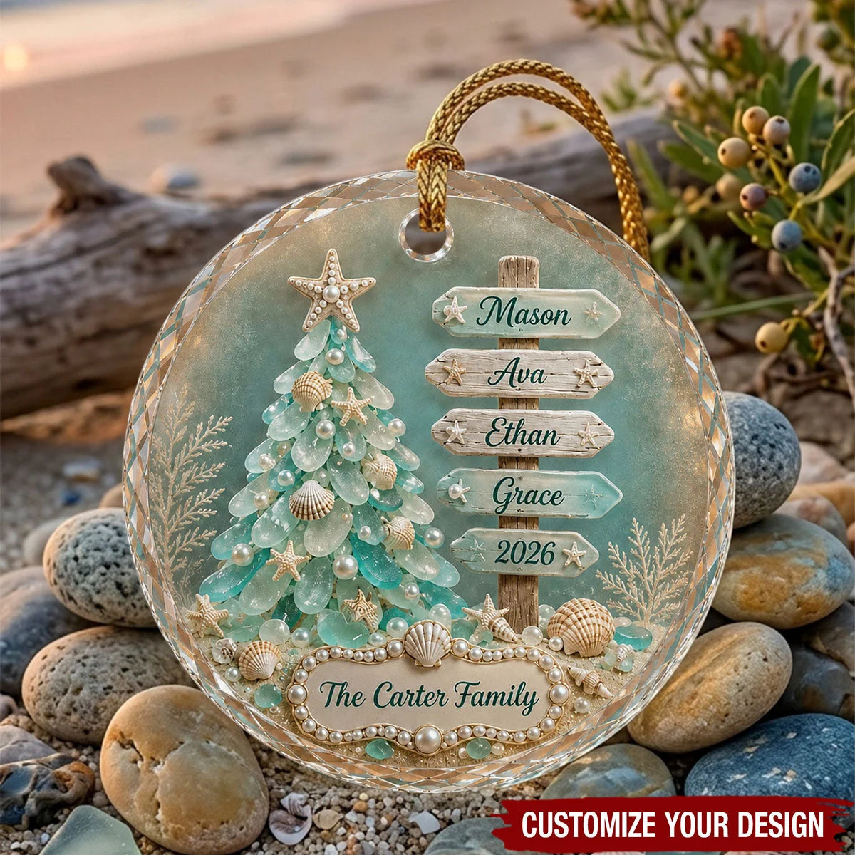 Personalized Sea Glass Christmas Tree Ornament - Custom Family Name Signpost Gift