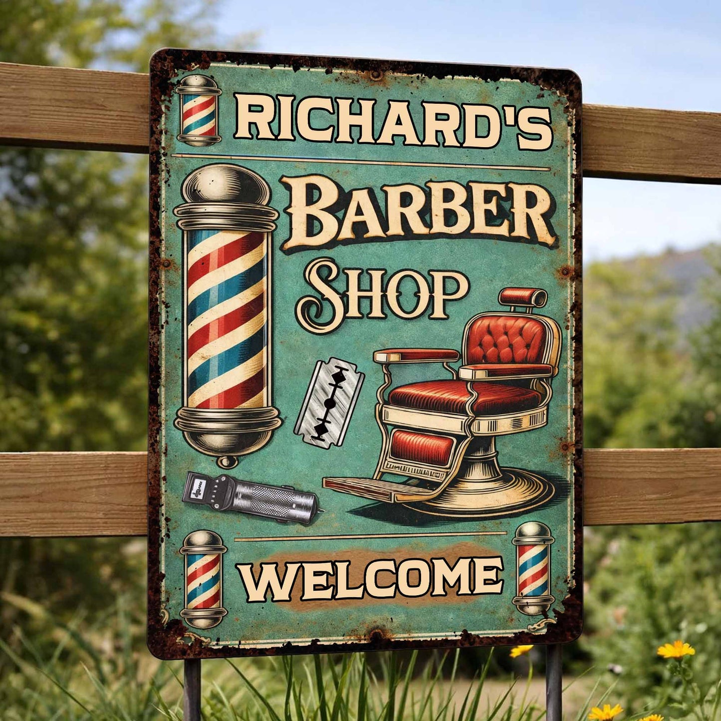 Custom barber shop metal sign with vintage barber chair and pole design for professional salon wall decor image 8