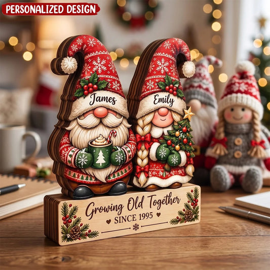 Growing Old Together Personalized Gnome Wooden Block - Custom Couple Christmas Gift