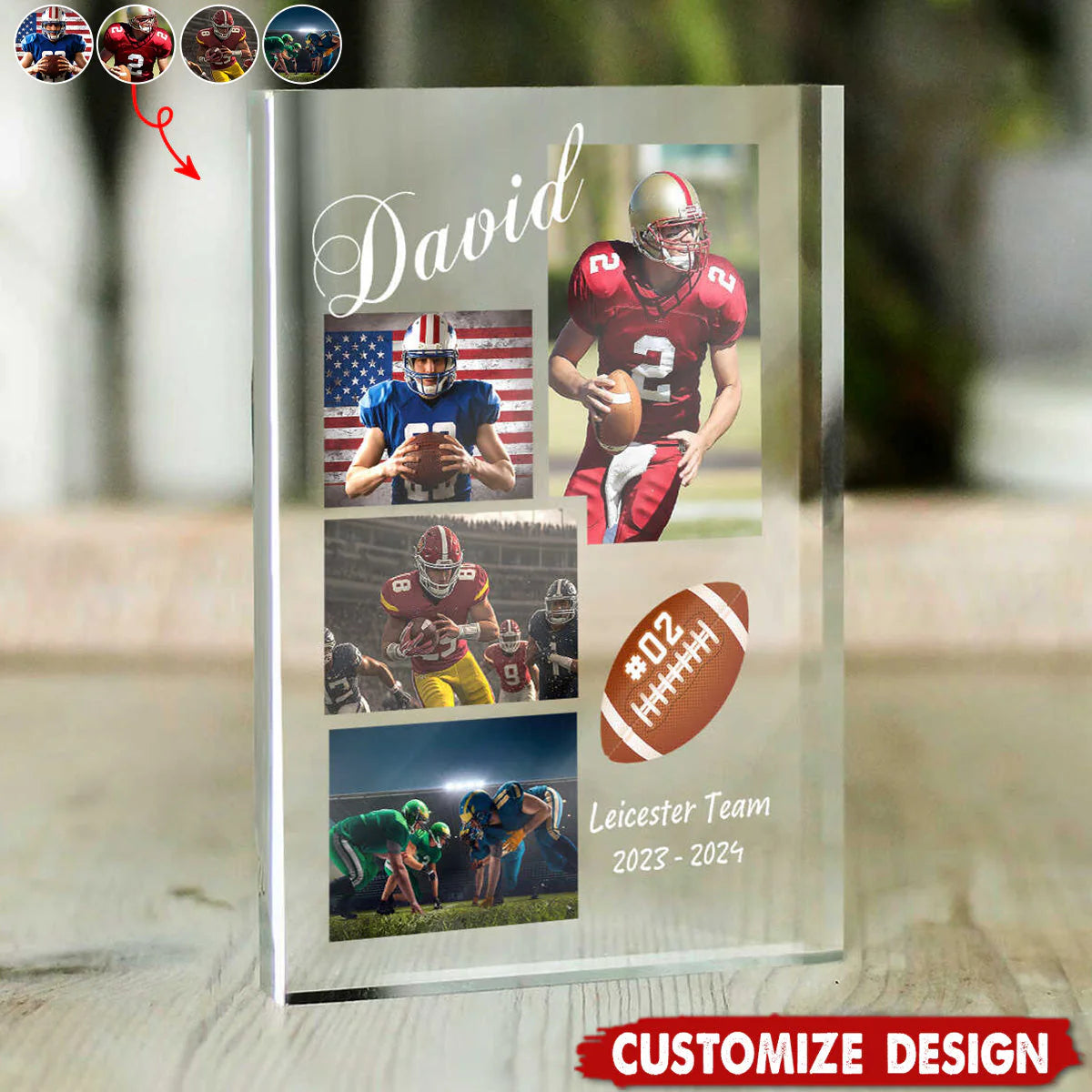 Custom football player plaque featuring personalized athlete photo print and name, perfect sports gift for players