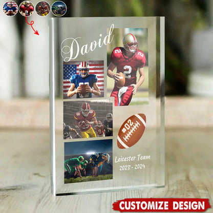 Custom football player plaque featuring personalized athlete photo print and name, perfect sports gift for players