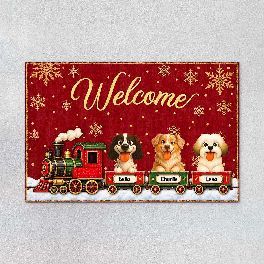 Welcome Christmas Train Personalized Pet Doormat - Custom Holiday Entryway Rug for Dog Lovers