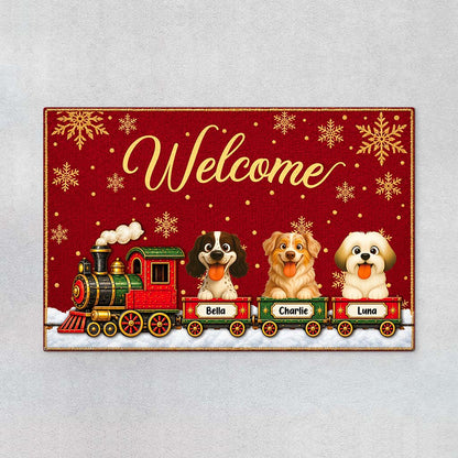 Welcome Christmas Train Personalized Pet Doormat - Custom Holiday Entryway Rug for Dog Lovers
