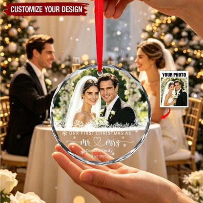 "Our First Christmas As Mr & Mrs" Custom Photo Glass Ornament - Personalized Newlywed Keepsake Gift