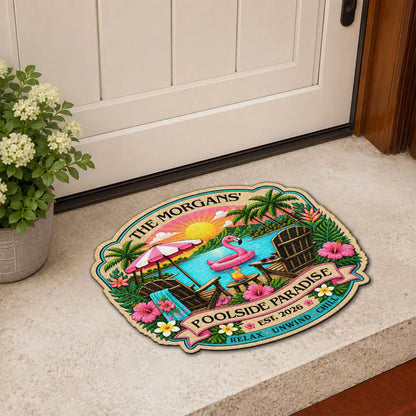 Custom shaped doormat featuring tropical flamingo poolside paradise design for outdoor summer decor image 7