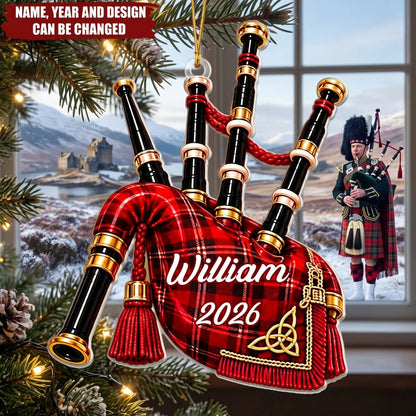 Scottish Heritage Tartan Bagpipe Personalized Acrylic Ornament - Musician Christmas Gift