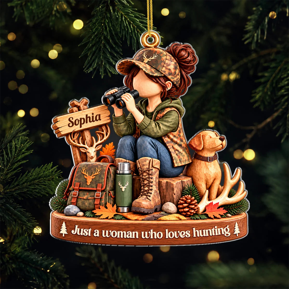 Just a Woman Who Loves Hunting Personalized Acrylic Ornament - Custom Name Christmas Gift for Her