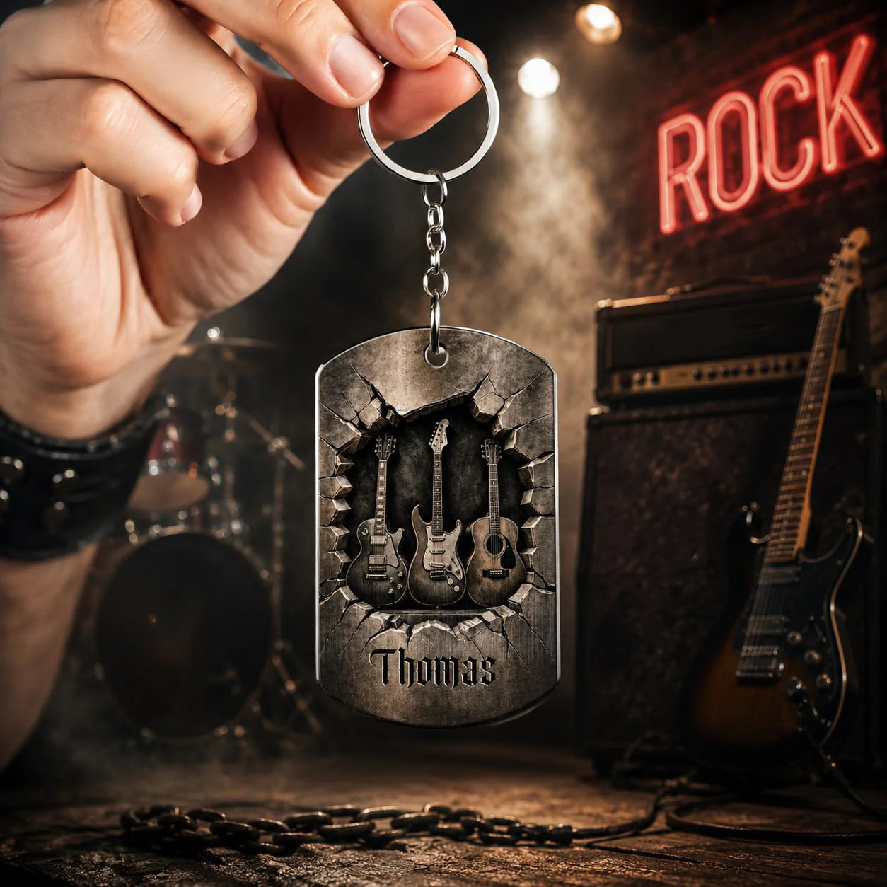 Custom Guitar Lover Keychain for Dad with personalized design details for meaningful gifting
