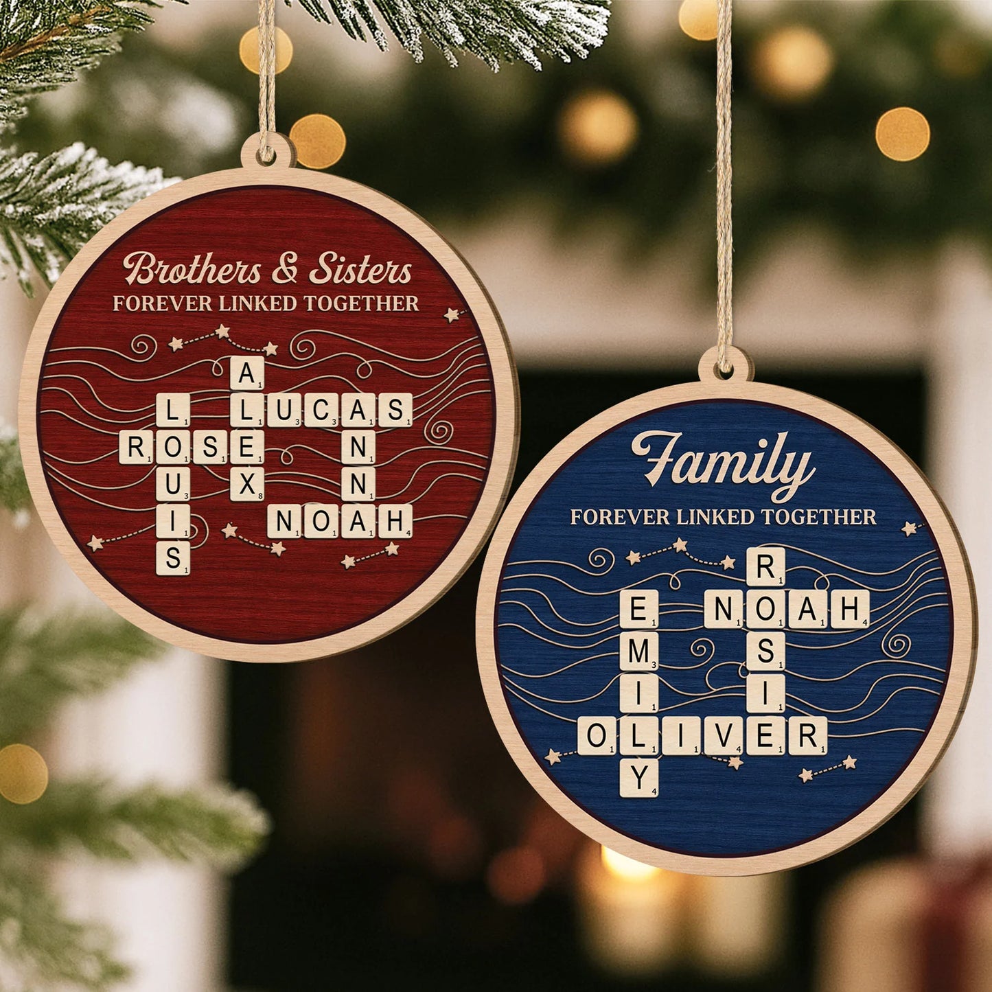 Brothers & Sisters Forever Linked Together - Personalized Wood Crossword Ornament for Family