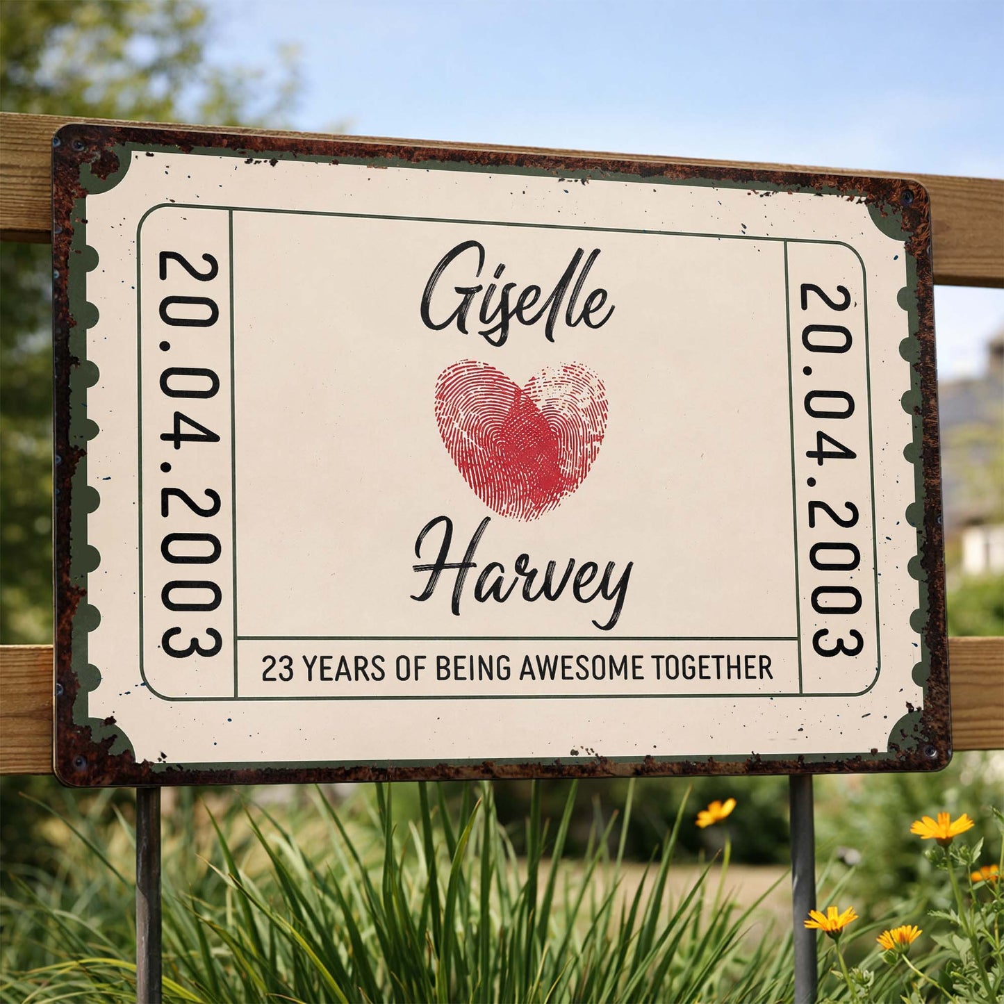 Personalized couple anniversary metal sign with fingerprint heart stamp design and custom date image 8