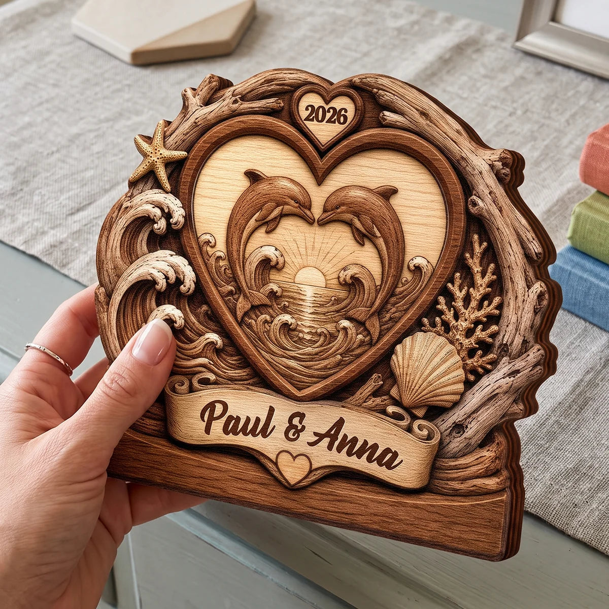 Two Dolphins Endless Love Personalized Wooden Block - Custom Anniversary Gift for Couples
